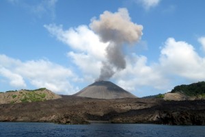 A view of the active volcano from a ship