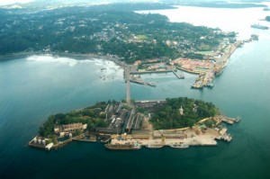 A aerial view of the Chatham Islands connected by a bridge to the main land