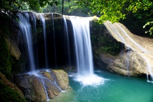 A scenic view of the Whisper Wave Waterfall in Little Andaman Islands.