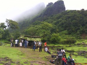 Trekkers at the base camp ready to trek Visapur fort
