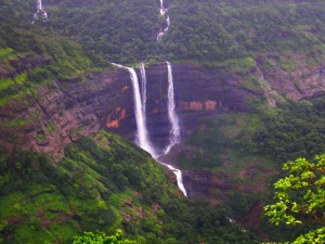 A view of waterfalls and scenic landscape from Rajmachi Fort.
