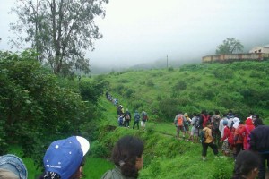 Trekkers trek towards Purandar Fort